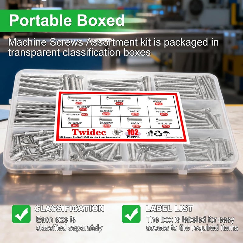 Twidec /Machine Screws Assortment kit,304 Stainless Steel Phillips Flat Head Electricians Screws #6-32#8-32 102PCS 5/8 to 2 inch Extra Long for Electrical Wall Plate Switch, Receptacles Mounting Screws - Image 5
